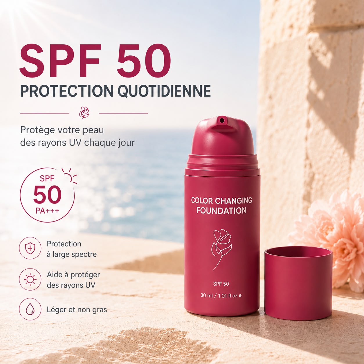 Fond de Teint Changeant de Couleur avec SPF 50 – Fini Naturel & Teint Unifié - 30ml