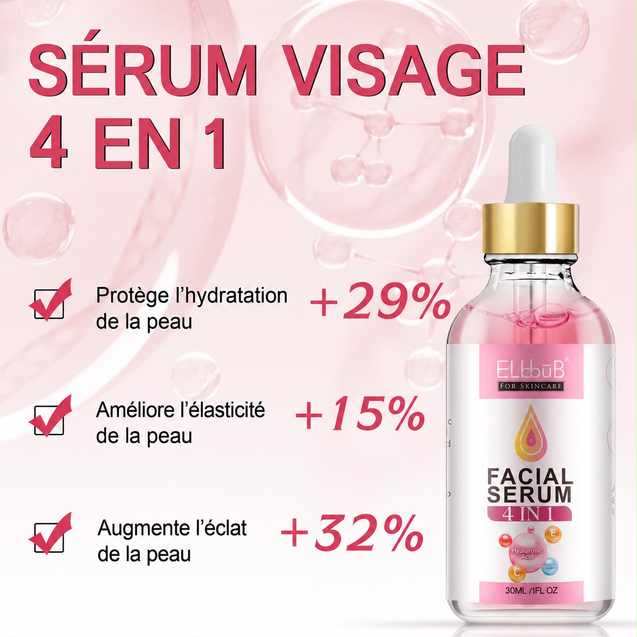 Sérum Visage 4-en-1 ELBBUB – Acide Hyaluronique, Niacinamide, Vitamines C & E