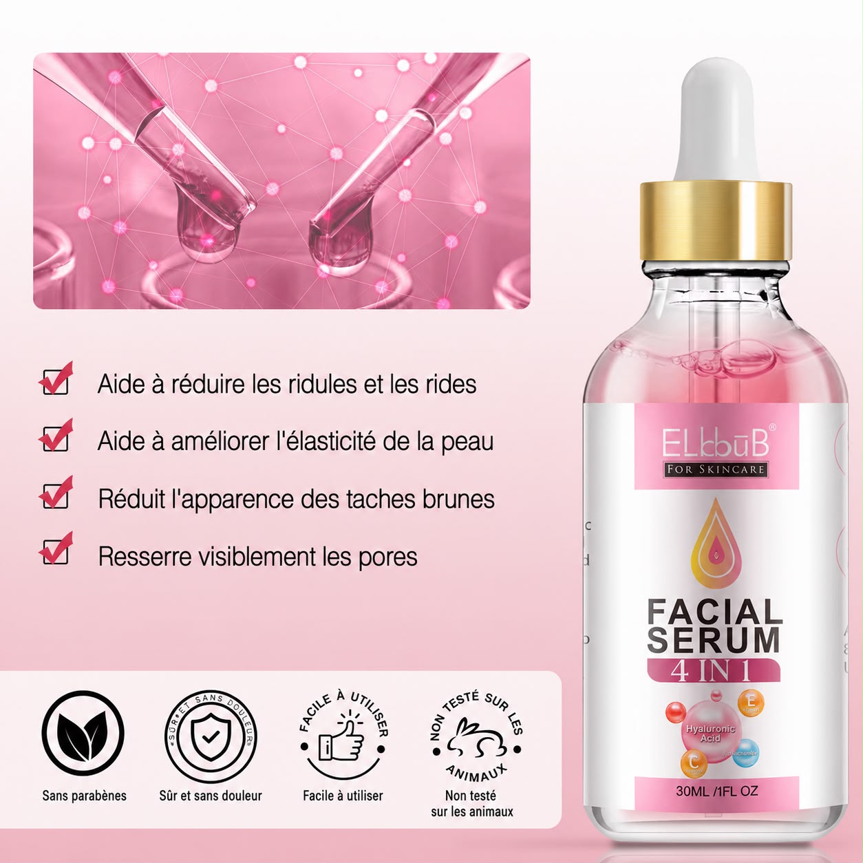 Sérum Visage 4-en-1 ELBBUB – Acide Hyaluronique, Niacinamide, Vitamines C & E