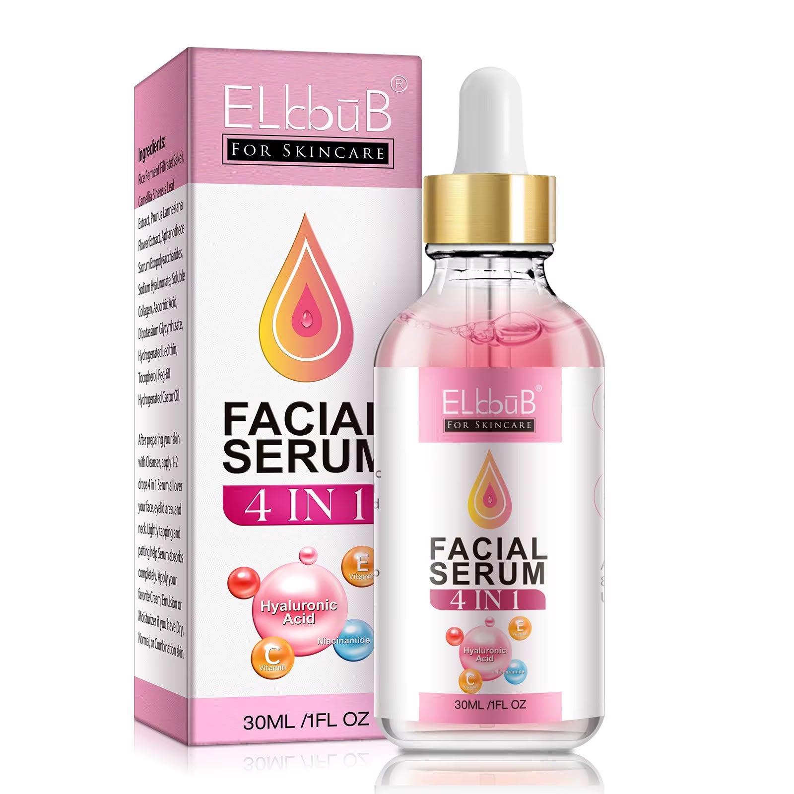 Sérum Visage 4-en-1 ELBBUB – Acide Hyaluronique, Niacinamide, Vitamines C & E